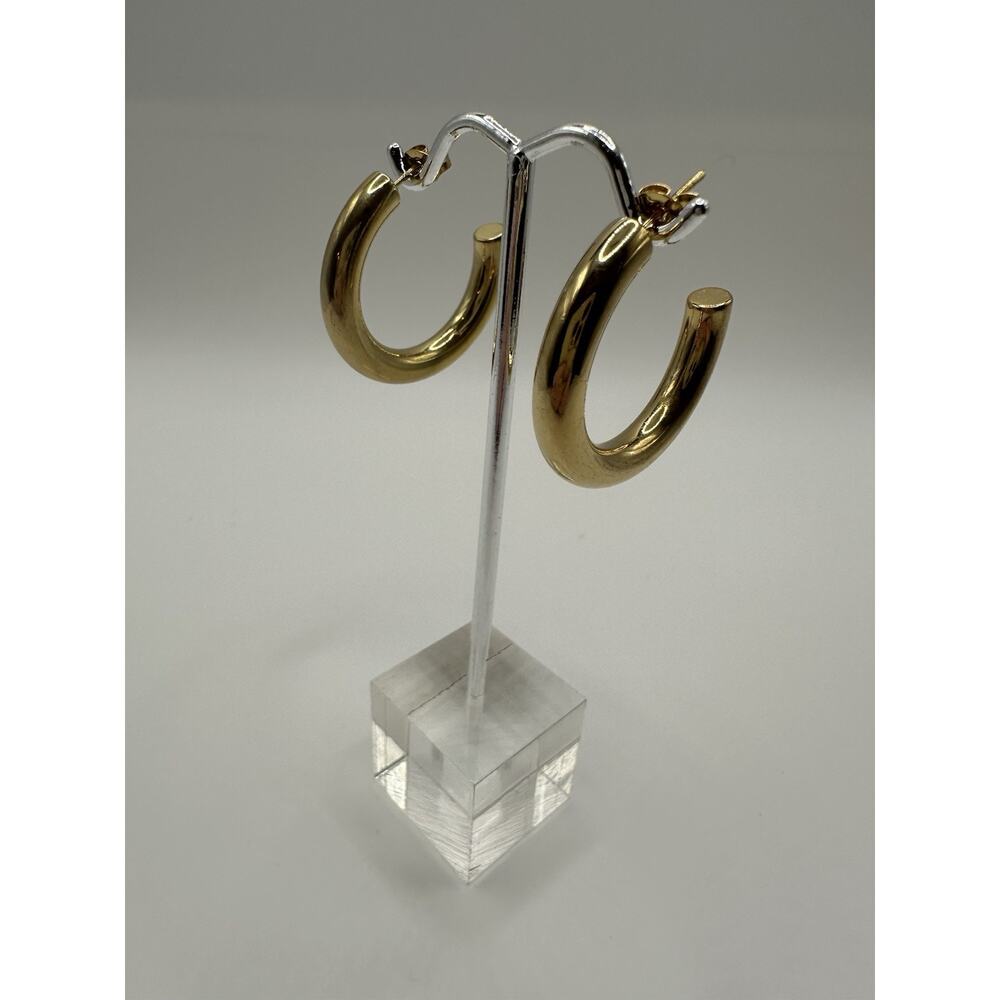 Gold Tone Hoop Huggie Earrings 1.25”W - Picture 2 of 4
